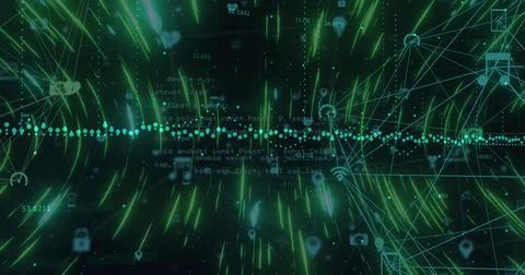 Globe of digital icons and light trails spinning over data processing against 库存插图