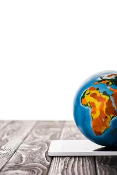 Globe digital tablet isolated white Stock Photos