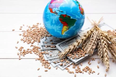 Globe, ears of wheat and banknotes on white wooden table. Import and export.. Stock Photos