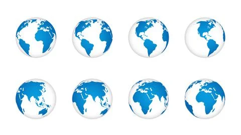 Globe earth 3d. World map realistic globes, blue continents and white oceans Stock Illustration