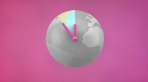 Globe earth with clock hands in which a large part is in grey on a pink backg Stock Illustration