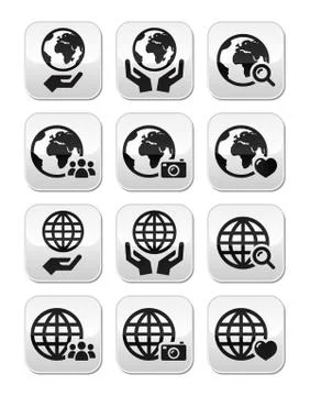 Globe earth with hands vector buttons set with reflection Stock Illustration