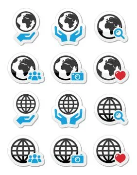 Globe earth with hands vector icons set Stock Illustration