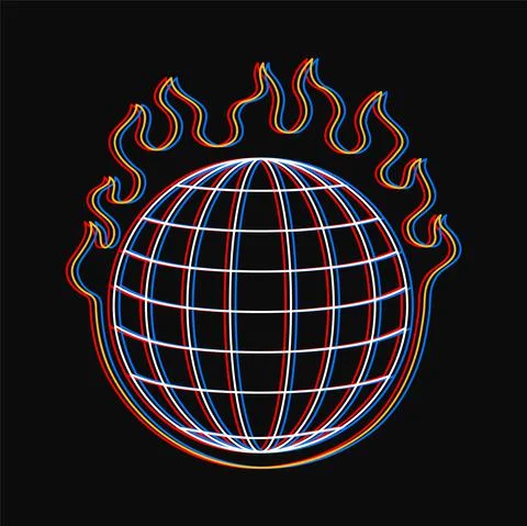 Globe earth sphere grid burn in fire t-shirt print. Vector hand drawn line style Illustrazione stock