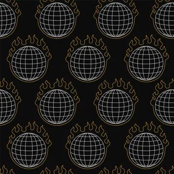 Globe earth sphere grid burn in fire seamless pattern. Vector hand drawn line Stock Illustration