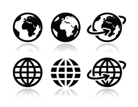 Globe earth vector icons set with reflection Stock Illustration