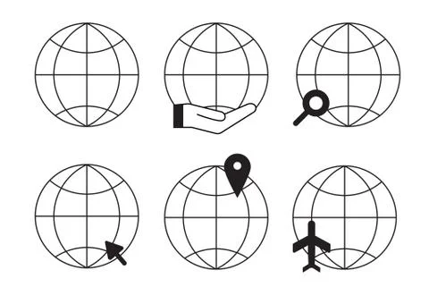 Globe earth vector outline icons set. Worldwide go to web symbols collection Stock Illustration