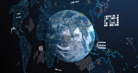 Globe emerging and rotating while borders drawing, hex grids aligning, linking Stock Footage 330980696
