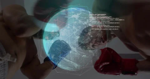 Globe emerging between fists driving athletes spinning hologram for tech code Stock Footage 310851076