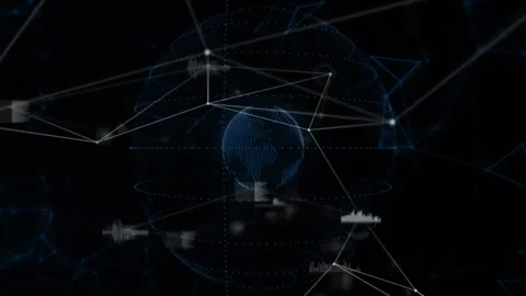 Globe emerging on dark background waveform appearing network pulsing visualizing Video stock 312713470