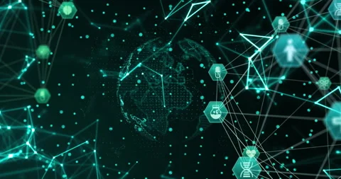 Globe emerging from node spark, rotating while pulsing medical icons and lines 스톡 동영상 311416941