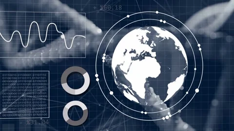 Globe emerging over DNA helix rings forming nodes orbiting charts sliding Stock Footage 335732084