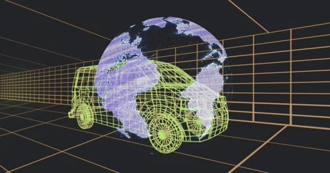Globe emerging rear-right, rotating and growing across neon wireframe van, Stock Footage 329946386