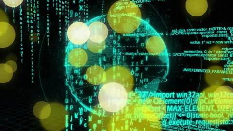 Globe emerging, rotating, orbs drifting, code streaming, camera zooming-out for Stock Footage 314792281