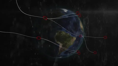 Globe emerging triggers curved lines tracing to red nodes rotating and Stock Footage 315575629