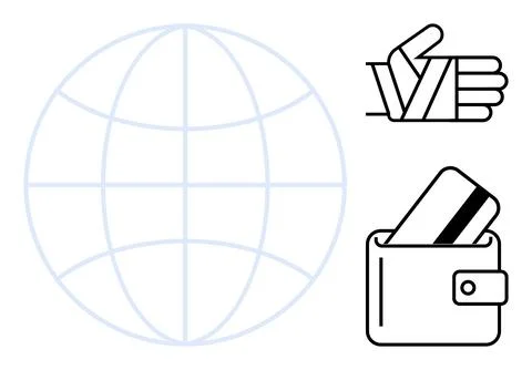 Globe emphasizing global reach, thumbs-up for user approval, and wallet with  イラスト素材