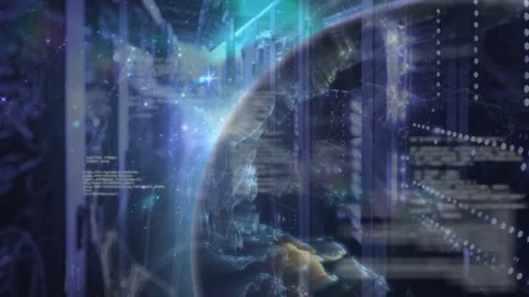 Globe entering right, rotating lighting cities, sparking code and network layers Stock Footage 332900626