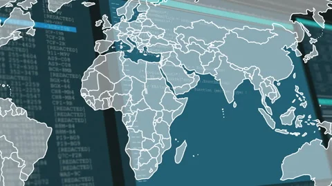 Globe expanding, causing borders fading, code scrolling, cyan bars moving for Stock Footage 315804642