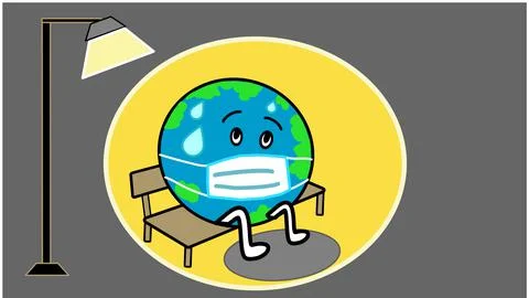 Globe with face mask sitting on the bench cartoon Stock Illustration