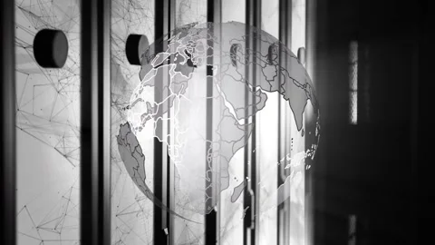 Globe fading in and rotating across metallic slats, revealing country borders Stock Footage 332955977