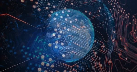 Globe fading and rotating as circuit lines animating and nodes pulsing showing Stock Footage 320089427
