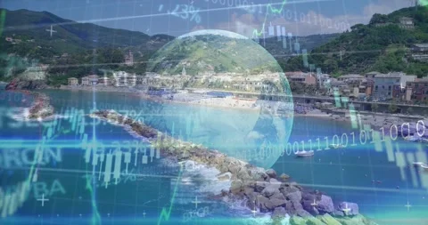 Globe fading in, centering over coastal town and scrolling charts and binary to Stock Footage 330159682