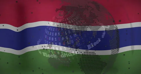 Globe fading rotating on Gambia flag, scrolling digits, curving Block chain text Stock Footage 313552222