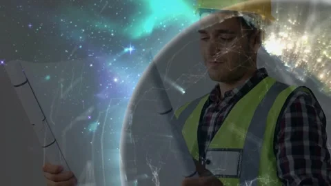 Globe fading in spurring construction engineer holding plans checking them Video stock 331757448