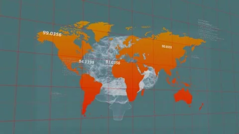 Globe fading in starting rotating behind flat map numeric labels shifting for Stock Footage 331161307