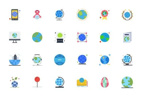 Globe featuring 24 256x256 Vector Icons in Flat Design Stock Illustration