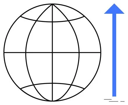 Globe featuring latitude and longitude lines paired with an upward blue arrow Stock Illustration