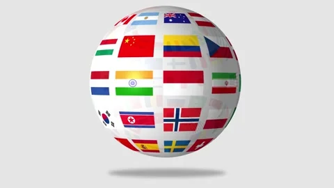 Globe with flags animation, all world countries in global sphere.. 3D renderi Stock Footage