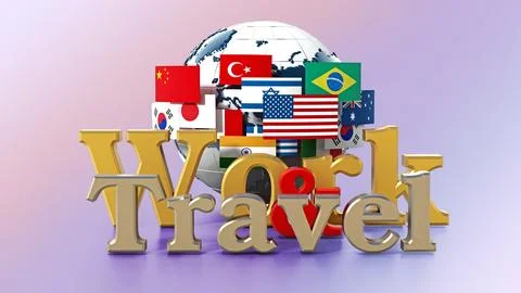 Globe, flags, work and travel text isolated on warm background. 3D illustrati Stock Illustration