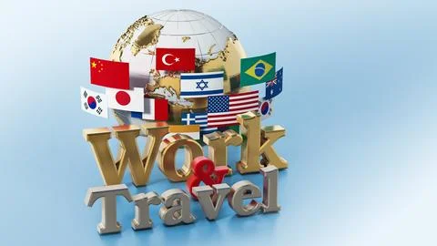 Globe, flags, work and travel text isolated on blue background. 3D illustrati Stock Illustration