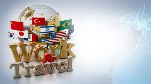 Globe, flags, work and travel text isolated on white background. 3D illust... Stock Photos