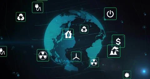 Globe floating in dark UI, with energy icons and nuclear-hazard, Illustrazione stock
