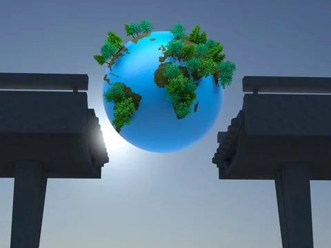 Globe floating over broken bridge Stock Illustration