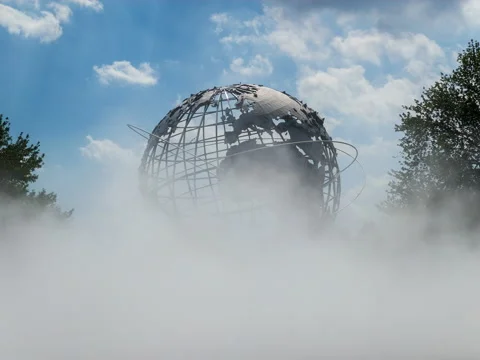 Globe in Flushing Meadows Corona Park against  clouds. Time-laps. 4K (1 Of 2) Stock Footage 219557986