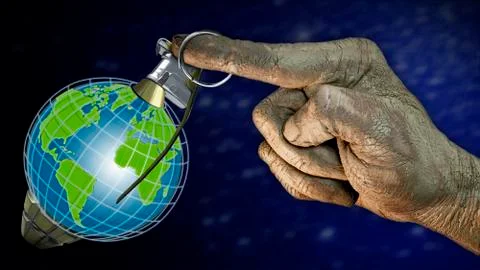Globe in the form of a grenade. Human hand pulling out the ring. イラスト素材
