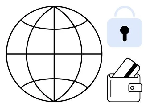 Globe for global network, padlock for security, wallet with cards for e-comme Stock Illustration