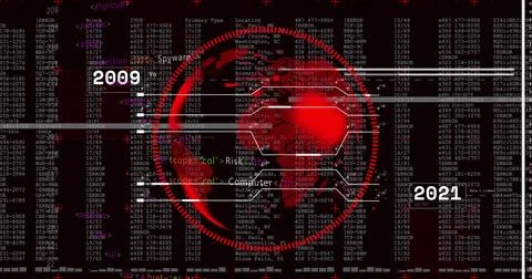 Globe glowing over schematic hex grid in security UI, scrolling code and glitch 写真素材