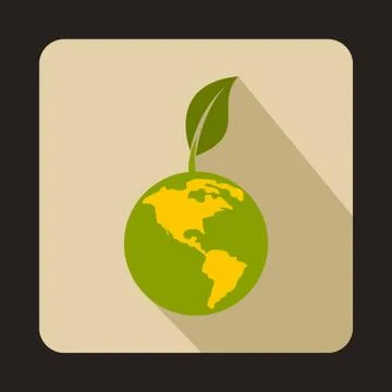 Globe with green leaf icon, flat style Stock Illustration
