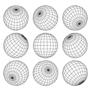 Globe grid. 3d sphere wires, earth network vector isolated set Stock Illustration