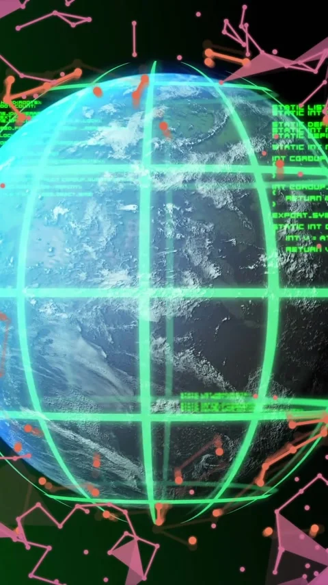 Globe with grid and data processing animation over abstract geometric shapes Stock Footage 342916055