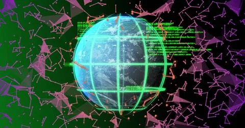 Globe with grid and data processing image over abstract geometric shapes Illustrazione stock