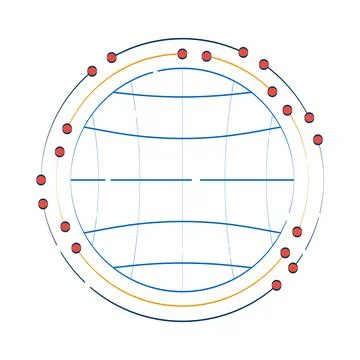 Globe grid with circular data nodes 2D doodle object Stock Illustration