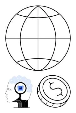 Globe with grid lines above head with AI chip, next to coin with dollar sign. Stock Illustration