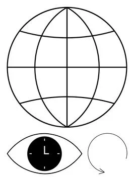 Globe with grid lines for connectivity, eye with clock symbolizing vision and Stock Illustration
