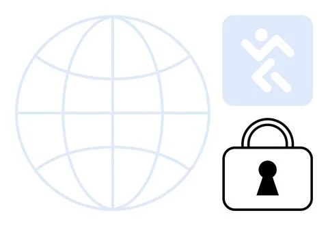 Globe with grid lines, icon of person running, and lock symbol with keyhole.  Stock Illustration