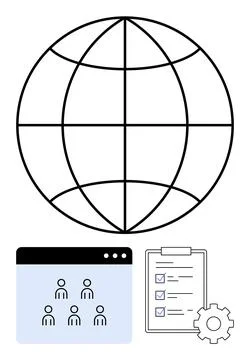 Globe with grid, user interface panel with avatars, checklist with checkmarks イラスト素材